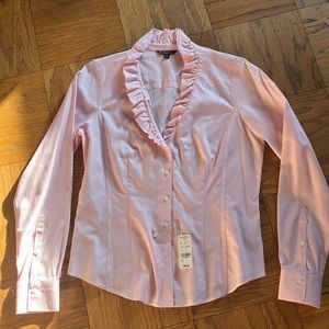 Brooks Brothers Ruffle Collar Non-Iron Blouse Pink White